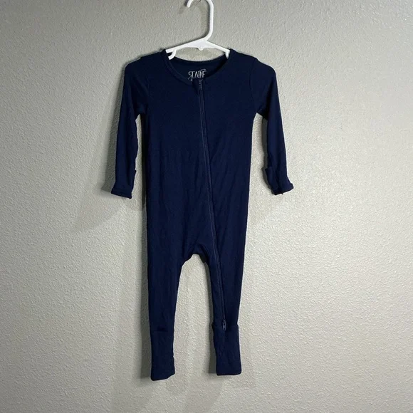 Scainf Bamboo Ribbed Two-Way Zip Footie Pajamas Navy Blue 9–12M EUC - Picture 1 of 3